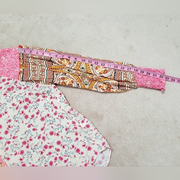 Boho Patchwork Blouse S Floral Paisley Viscose Long Sleeve Ruffle Neck Peasant - Picture 8 of 13